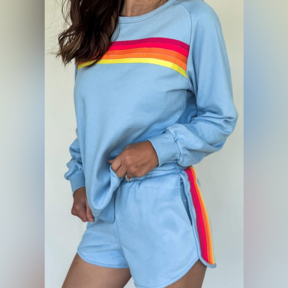 Blue Sweatshirt and short set with Multicolor Stripes small